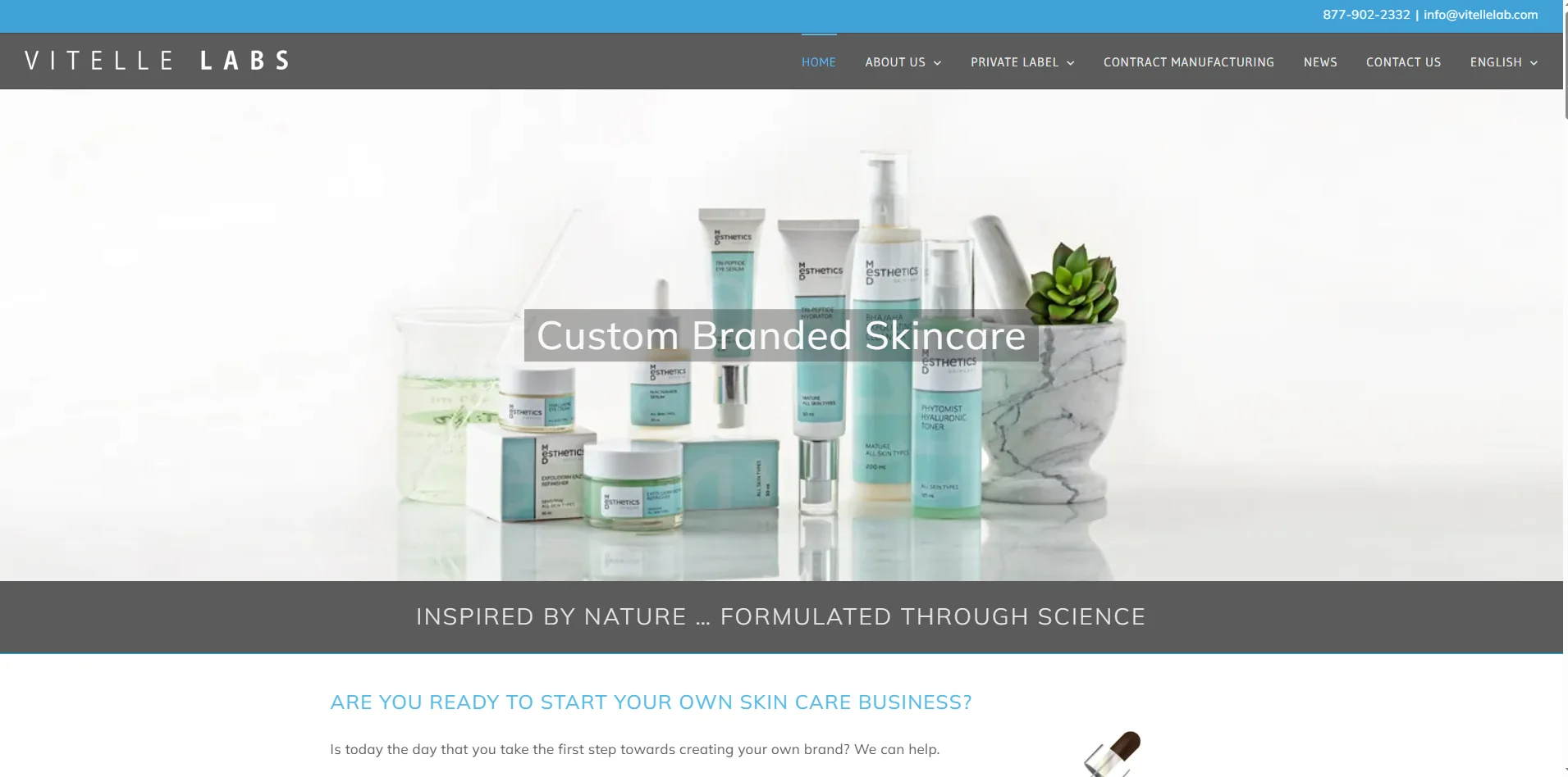 Vitelle Labs offers a range of custom branded skincare products, including creams, serums, and toners, displayed on a clean surface with a plant.